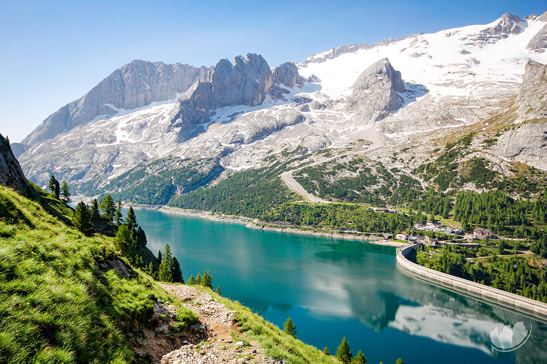 The beautiful view overlooking Lake Fedaia and Marmolada